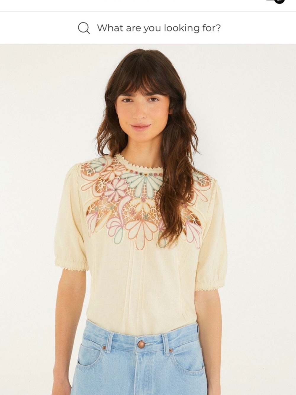 Beige Flower Embroidery Short Sleeve Blouse